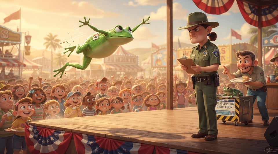 Illustration for: California Law: Dead Frog-Contest Frogs Can't Be Eaten — They Must Be Destroyed