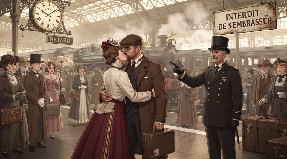 Illustration for: Kissing on train platforms was once discouraged in France